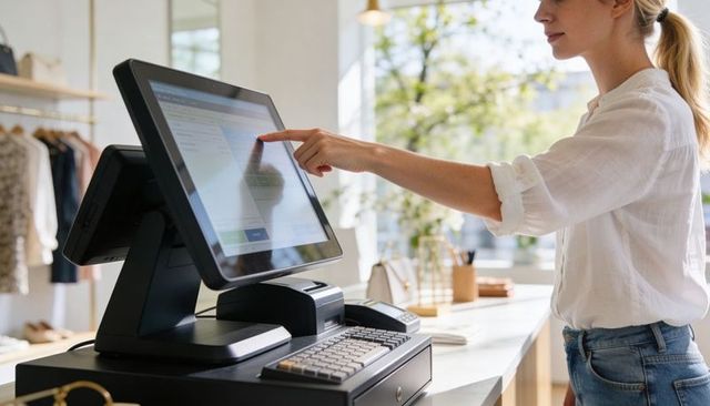 Boutique cashier tapping touchscreen pos while processing sale at bright modern counter