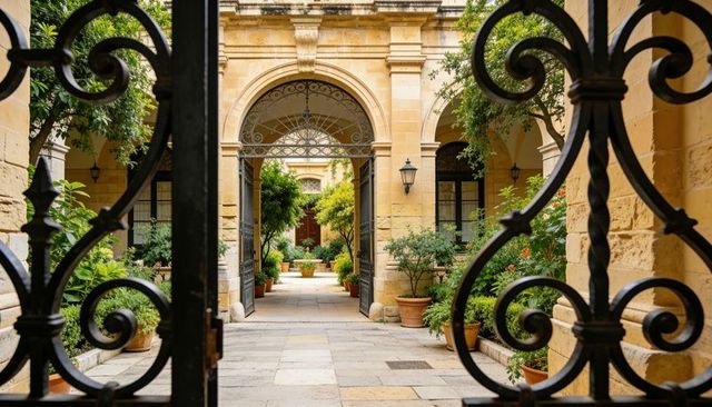 Sunlit sandstone courtyard viewed through wrought-iron gate with arched central entrance