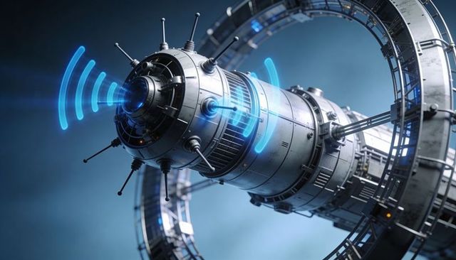 Futuristic cylindrical spacecraft with docking torus emitting blue energy signals
