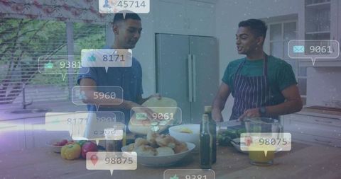 Two friends preparing meal in modern kitchen with social media notification overlays