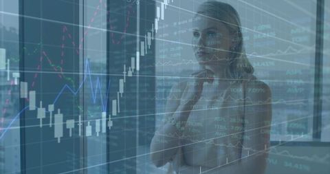 Female analyst interacting with digital financial charts in modern office