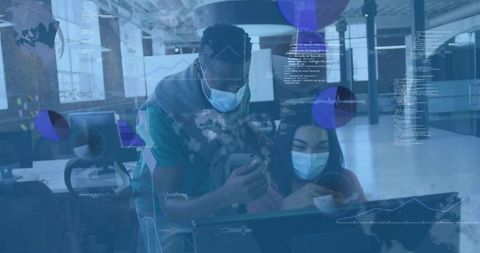 Masked coworkers collaborating at computer with hud data overlay and analytics