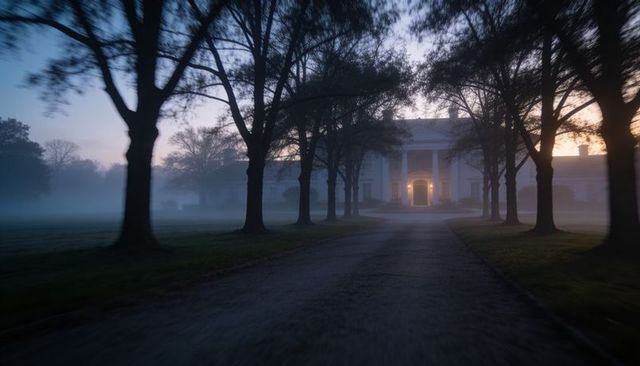 Leading gravel driveway toward illuminated classical manor with columned portico at twilight