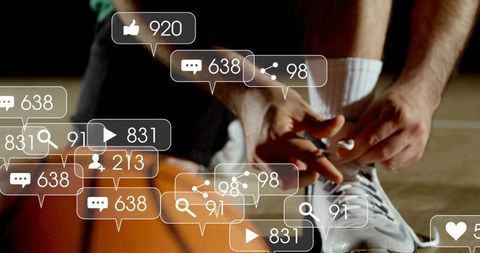 Basketball player tying sneaker as social engagement overlays float across court