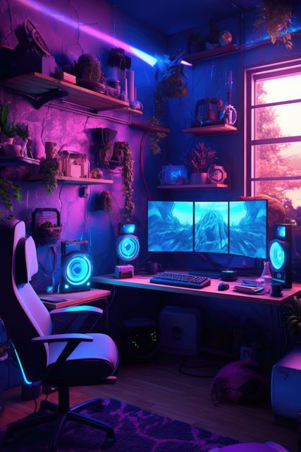 Room features a stylish gaming setup with multiple monitors bathed in purple neon lights, creating a futuristic and immersive atmosphere. Perfect for anyone looking to portray modern technology, gaming culture, or home office decor ideas.