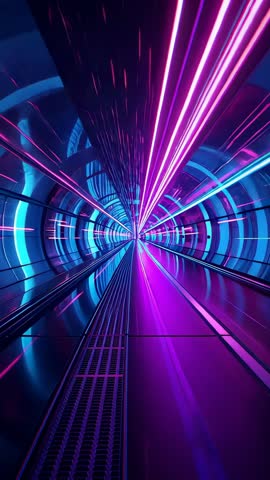 Gliding through neon-lit cyberpunk tunnel on moving walkway with streaking light trails