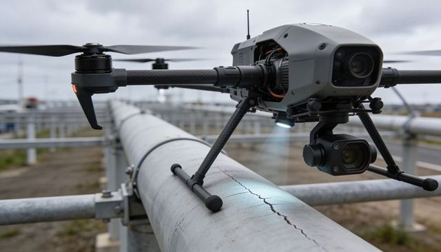 Hovering inspection drone scanning cracked pipeline with LED for industrial monitoring