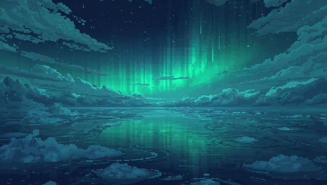 Casting neon green aurora columns over polar sea, reflecting on ice floes