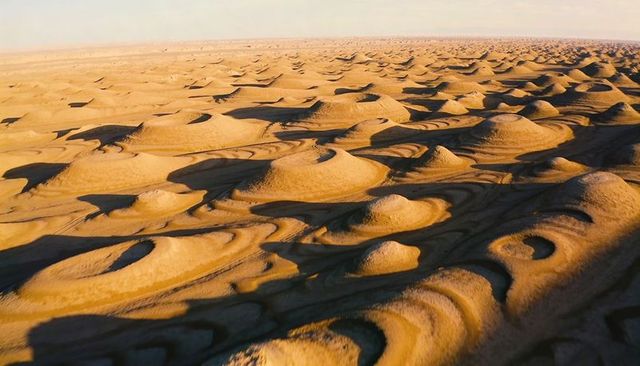 Aerial desert dune field revealing rounded mounds and shadowed hollows at golden hour
