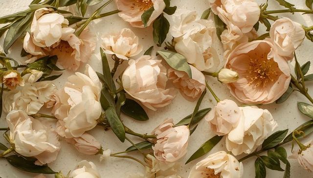 Scattering pale peach peony petals flatlay with green leaves and open stamens