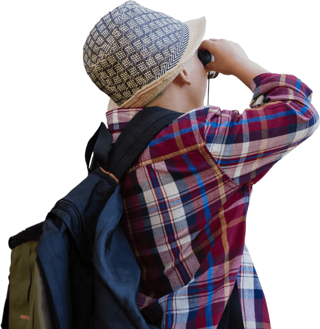 Young Boy with Backpack Using Binoculars, Transparent Background