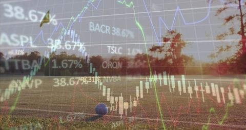 Financial Graphs Overlaying Serene Dawn Landscape with Grass Field