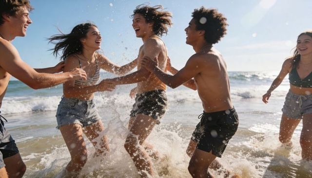 Group of friends splashing and laughing in ocean surf, summer beach fun, sunlit waves