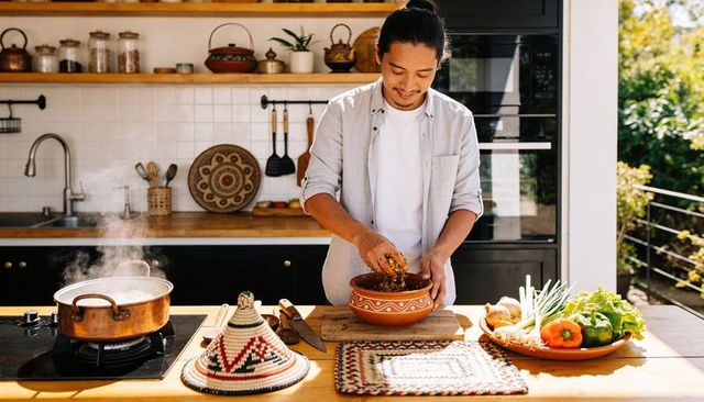 Sunlit home chef mixing rustic ingredients by hand in terracotta bowl with steam rising