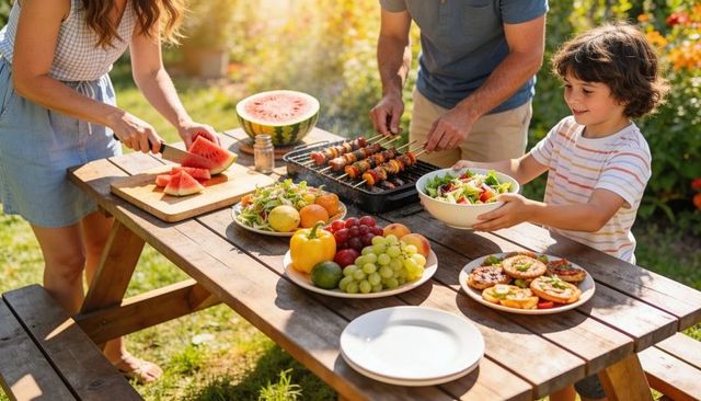 Family enjoying backyard barbecue with grilling skewers, slicing watermelon, serving salad