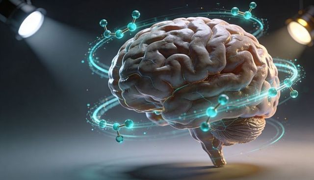 Futuristic 3D Brain Rotating with Teal Molecular Rings and Particle Holographic Aura