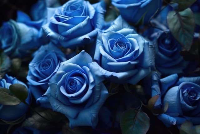 Image features close-up of vibrant blue roses in full bloom. Ideal for use in floral and botanical blogs, romantic events advertisements, nature-related content, sprucing up garden-themed articles, and creating eye-catching visuals for social media posts. The bright blue color makes it suitable for décor elements or wallpaper designs as well.