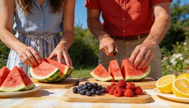 Couple slicing watermelon at sunny backyard picnic with fresh berries and lemon slices