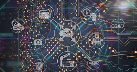 Futuristic Tech Icons Over Integrated Circuit Board Background - Download Free Stock Images Pikwizard.com