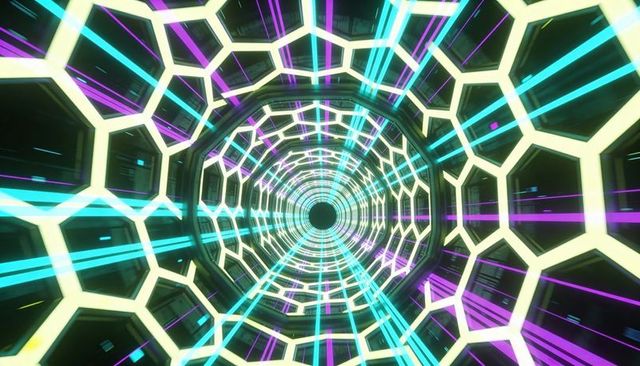 Streaming Neon Hex Tunnel Receding to Dark Core with Cyan and Magenta Light Beams