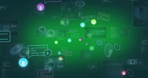 Glowing green network overlay with avatars, chat bubbles, linked nodes and dashboards
