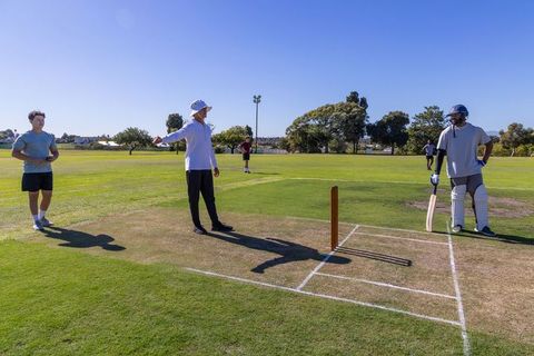 Cricket batsman with umpire and teammates on sunny grassy pitch during amateur match