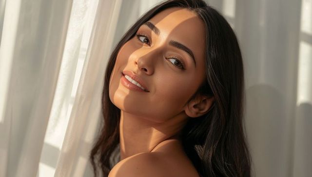 Gazing woman tilting toward window with sheer curtain, warm sunlight bands and serene smile