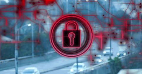 Neon red padlock protecting smart city network, cyber security concept over urban traffic