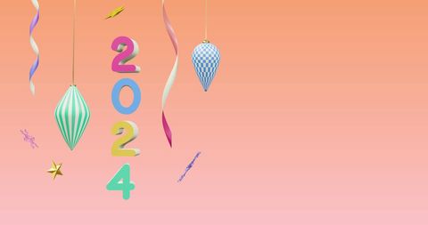 Colorful 2024 illustration with festive decorations on pink background