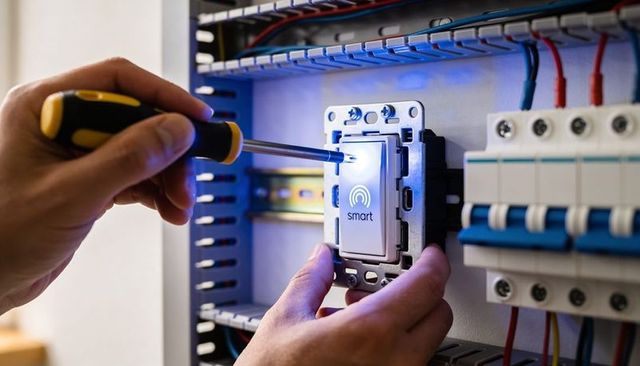 Installing smart wi-fi switch module inside electrical panel with screwdriver close-up