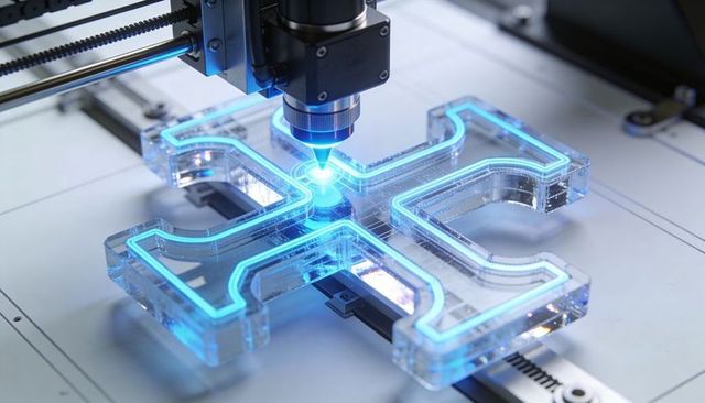 Laser engraving acrylic cross on CNC gantry with neon blue illumination for precision