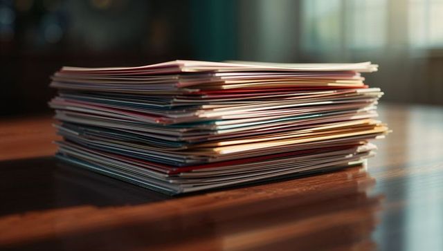 Stack of magazines on wooden table bathed in warm sunlight