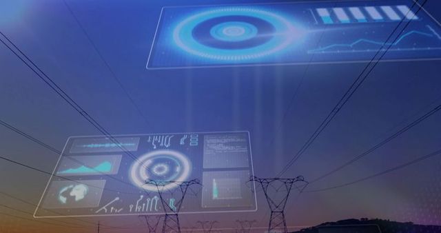 Futuristic smart grid overpowering night skyline