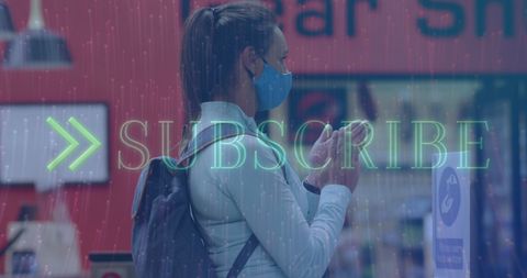 Masked woman disinfecting hands with subscribe overlay