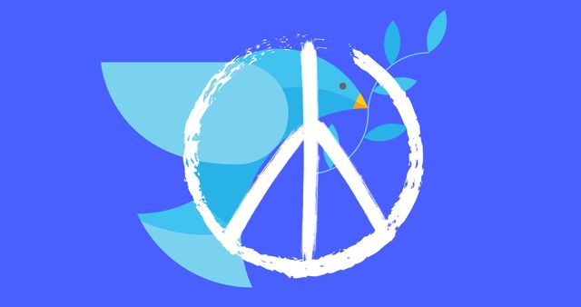 Illustration of a blue dove carrying an olive branch with a peace symbol overlay on a blue background. Ideal for promoting peace initiatives, international peace day, charity campaigns, and educational materials on non-violence and harmony.