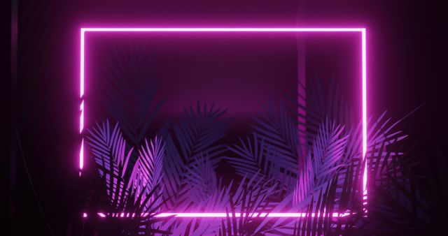 Pink neon light forms rectangular frame while tropical leaves overlay create a striking visual contrast filled with futuristic ambience. Ideal for being used in futuristic graphic designs, promotion of tropical or nature themed events, modern background settings for digital content or product advertisements requiring vibrant, modern aesthetics.