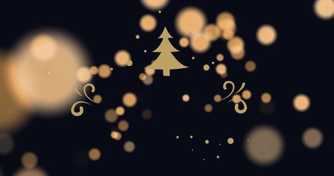 Minimalist gold christmas tree with glowing bokeh, elegant swirls and festive sparks