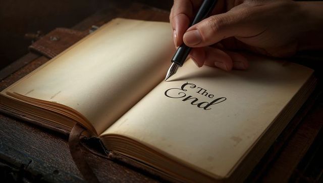 Hand Writing Final 'End' Calligraphy on Vintage Leather Journal with Fountain Pen