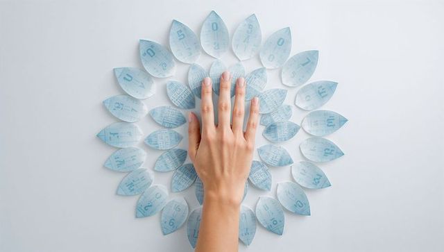 Resting hand over radial blue paper petals with numeric pattern minimalist flatlay