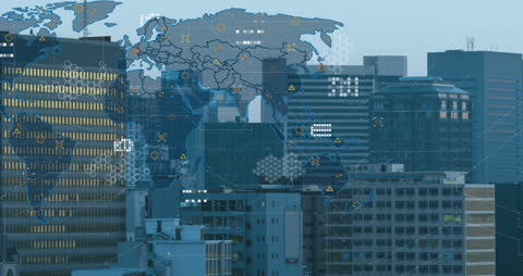 Digital World Map with Cityscape Behind