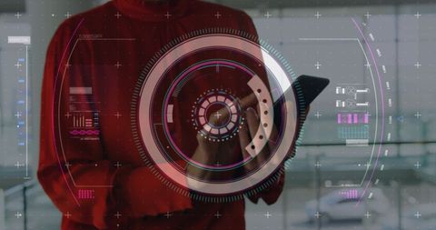 Woman Using Smartphone with Futuristic Data Interface Display