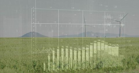Wind farm showing 3d data visualization over green field for renewable energy analytics