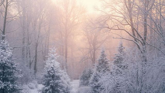 Misty Sunrise Over Snow-Covered Evergreens, Frosted Winter Forest Clearing, Warm Golden Light