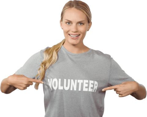 Happy Woman Showing Volunteer Shirt with Transparent Background