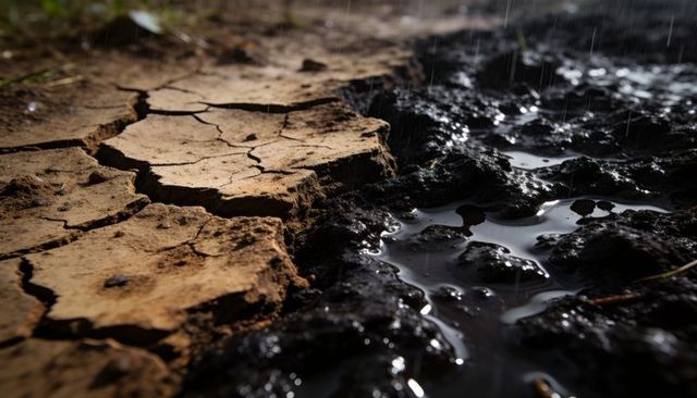 Cracked clay plates transitioning into glossy mud under heavy rain with reflective puddles
