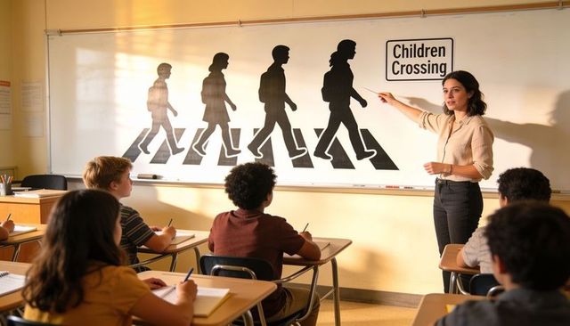 Teacher pointing at children crossing graphic on whiteboard in sunlit classroom lesson