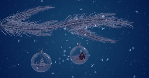 Festive christmas baubles on snowy fir branch