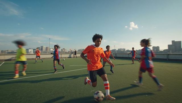 Teen Football Players Competing on Rooftop Pitch