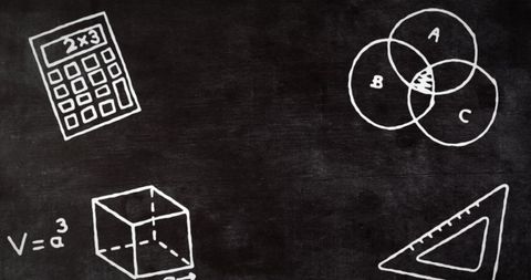 Mathematical symbols and equations on chalkboard