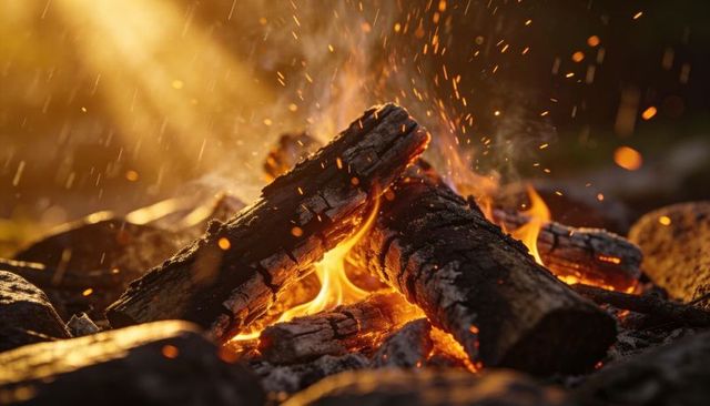 Crackling charred logs burning in outdoor fire pit with glowing embers and flying sparks
